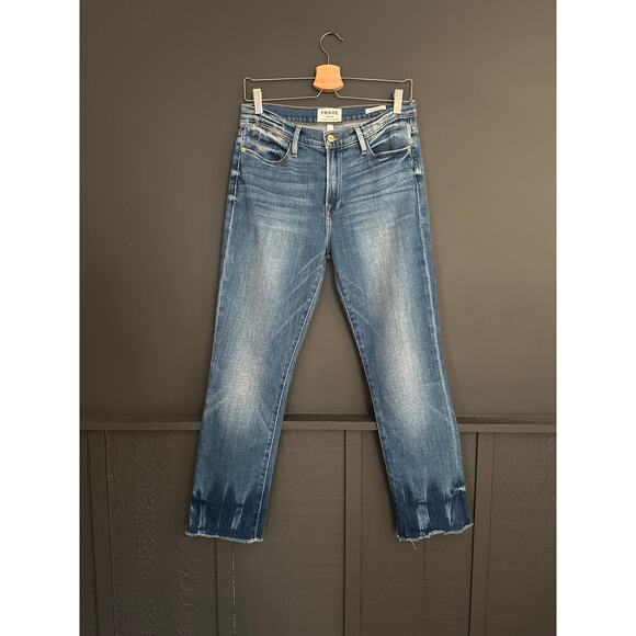 FRAME Le High Straight Raw Hem Jeans in Merriview Blue Size 29 - Picture 3 of 9